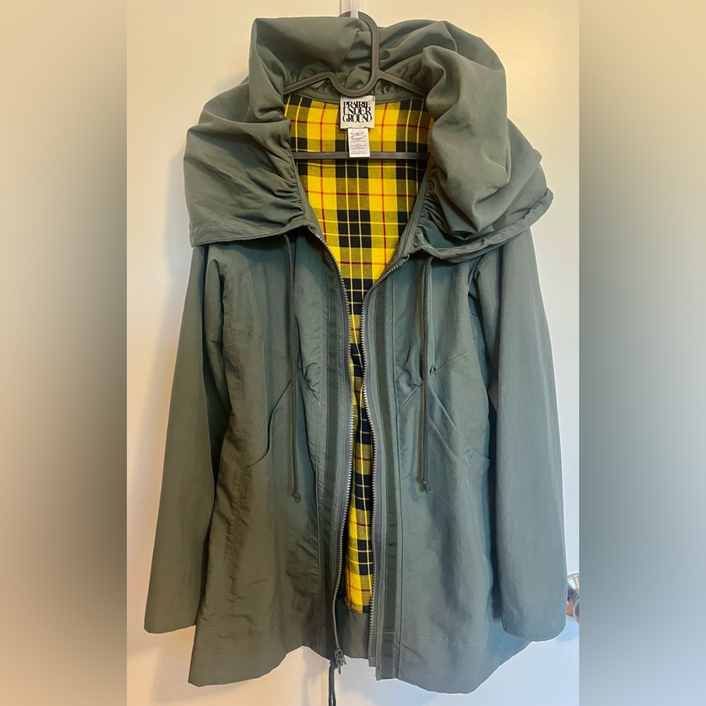 Prairie Underground Long Raincloak in Army Green with Yellow Plaid